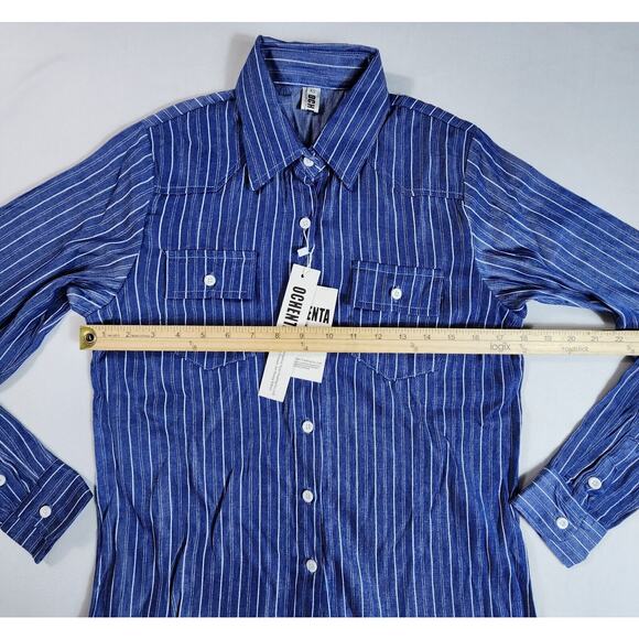 Retro Vertical Striped Button Down Shirt Long Sleeve Mens Size XS Blue - Picture 4 of 8